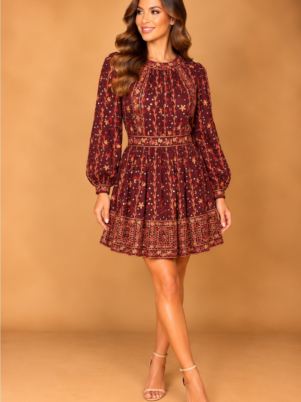 Ulla Johnson Burgundy Floral Long-Sleeve Mini Dress